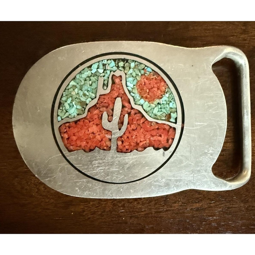Vintage RJ Roberts Pewter Belt Buckle Cactus Desert Mountain Chip Inlay TI 2